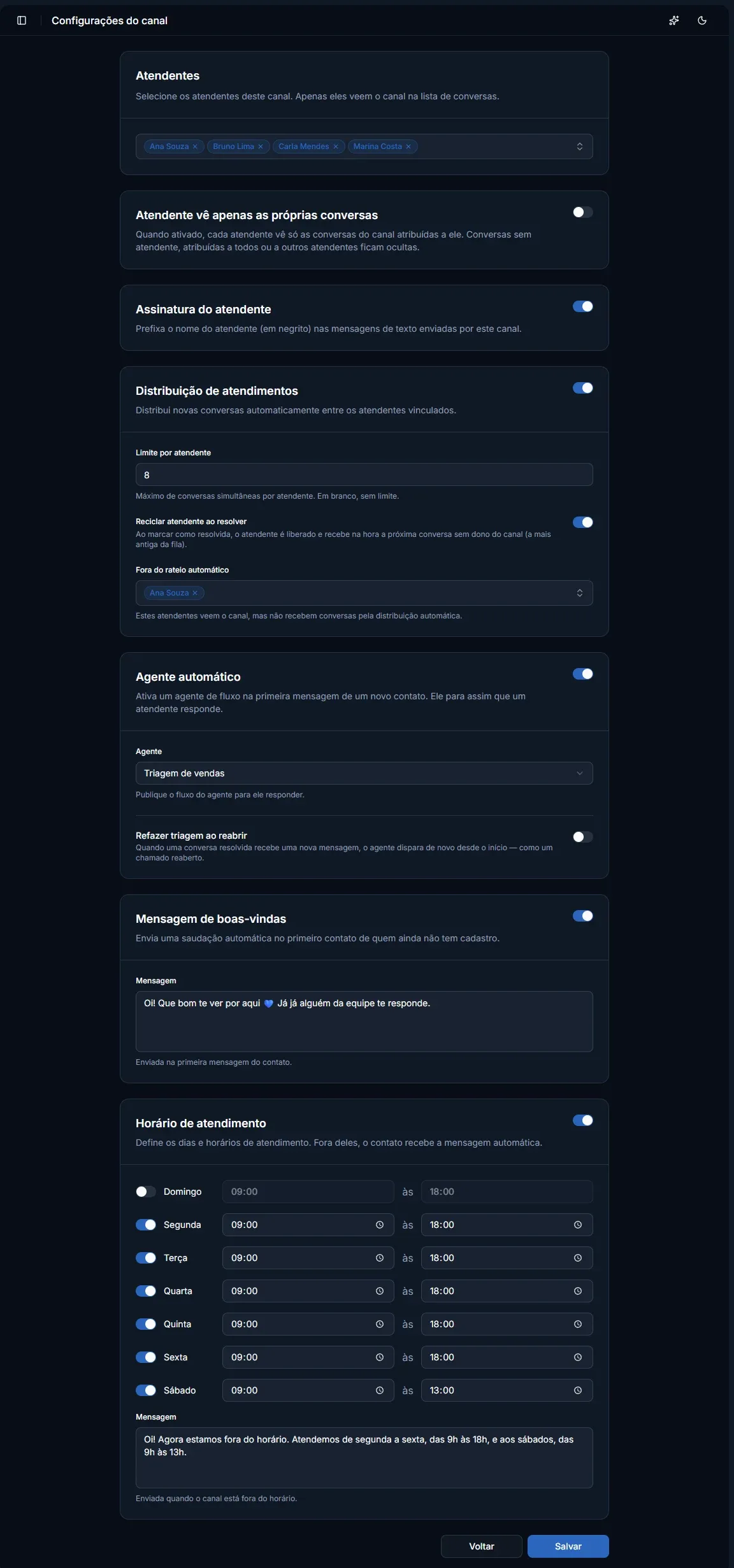 Tela: Ligar o agente a um canal