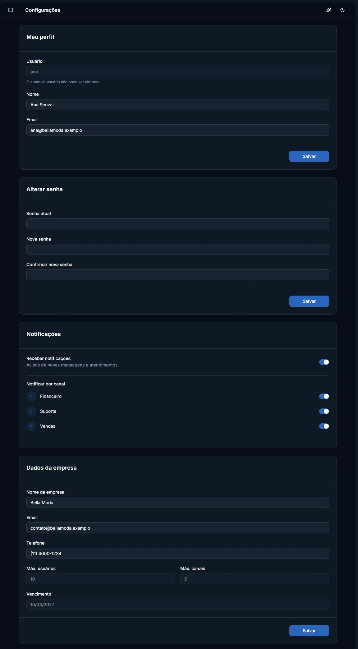 Tela: Meu perfil, senha e notificações
